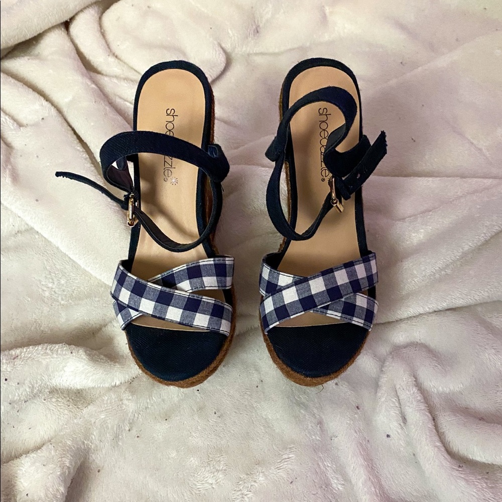 Blue plaid wedges